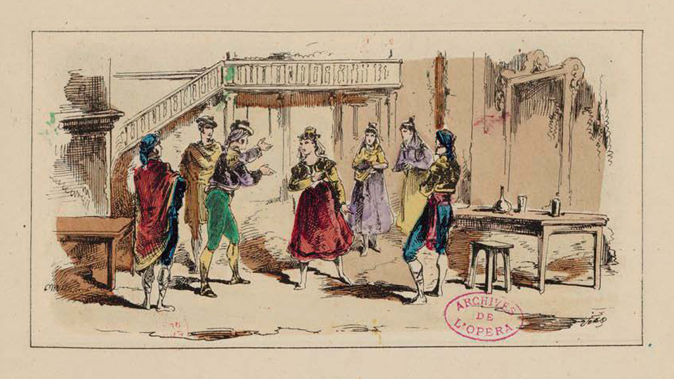 Detail of illustration from 'Album Rose', an illustrated comedy album based on Bizet's Carmen 